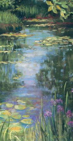 an oil painting of water lilies and grass