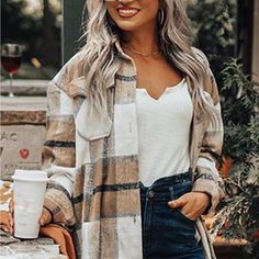 Button Up Cozy Plaid Stripe Oversized Flannel Shirt Shacket Oversized Fit Plaid Shacket Outfit Women, Plaid Shacket Outfit, Shacket Outfit Women, Shacket Outfit, Plaid Shacket, Trendy Street Style, Oversized Jacket, Dresses By Length, Long Sleeve Plaid