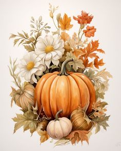 a painting of a pumpkin surrounded by flowers and leaves