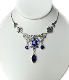 Blue Gothic Metal Necklace, Nickel-free Blue Necklaces For Wedding, Blue Nickel-free Necklaces For Wedding, Blue Victorian Metal Jewelry, Ornate Blue Nickel-free Jewelry, Ornate Nickel-free Blue Jewelry, Victorian Blue Filigree Necklace, Blue Filigree Necklace For Wedding, Ornate Blue Necklace With Intricate Design