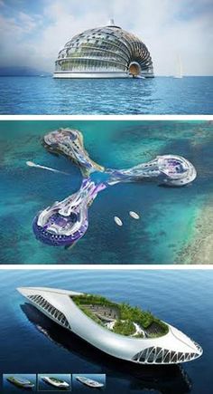 an artist's rendering of a futuristic floating city in the ocean with blue water