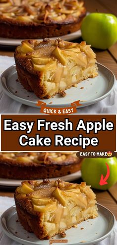 easy fresh apple cake recipe on plates with apples in the background and text overlay