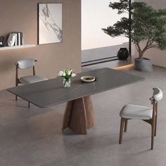 a modern dining table with two chairs and a potted tree in the corner on one side