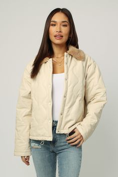 Sherpa collar jacket, long sleeve with front snap closures in quilted vegan leather body. Stylish classic, who says "cannot be warm & cool!" Solid color vegan leather on relaxed fit.Body length from HPS: 24 1/2", Sleeve length: 23 1/2", Bust: 44" (Size Small) Body: 40% PU (VEGAN LEATHER) 30% COTTON 30% POLYESTER, Lining: 92% POLYESTER 8% SPANDEX Dry clean only Imported Honey Cream, Cream Jacket, Dear John, Collar Jacket, Jacket Long, Fit Body, Quilted Jacket, Vegan Leather, Bomber Jacket