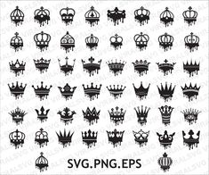 the svg king crown collection is shown in black and white, with different crowns on each