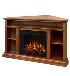 an entertainment center with a fireplace and shelves