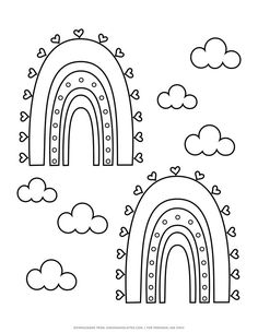 a black and white drawing of two rainbows in the sky with clouds above them