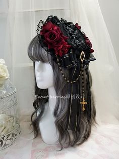 Flat Hat Diameter: 17cm.  Flat Hat+Lace Diameter: 20cm  Attention: This price includes a mini flat hairclip only, others are not included. Pretty Wigs, Flat Hat, Gothic Cross, Character Board, Gothic Crosses, Flat Hats, Elegant Gothic, Cosplay Ideas, Gothic Lolita