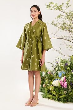 Green kimono sleeves collared shirt dress with all over daisy flora embroidery. Paired with a cotton inner dress. - Aza Fashions Spring Cotton Dress With Kimono Sleeves, Spring Shirt Dress With Spread Collar, Summer Daywear Dresses With Collared Neckline, Spring Cotton Shirt Dress With Spread Collar, Collared Dresses For Spring Garden Party, Chic Collared Dresses For Garden Party, Spring Relaxed Fit Dresses, Spring Shirt Dress With Collar In Relaxed Fit, Spring Workwear Dresses With Collared Neckline