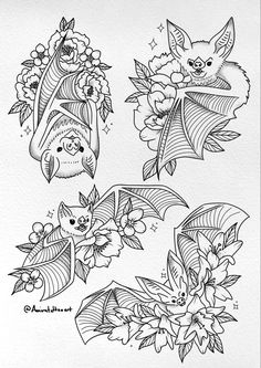 some bats and flowers on a white paper