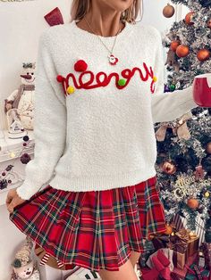 Casual Crew Neck Comfortable Christmas Style Sweater For Women White Casual  Long Sleeve Knitwear Letter Pullovers Medium Stretch  Women Clothing, size features are:Bust: ,Length: ,Sleeve Length: Winter Letter Print Knit Sweater, Winter Knit Sweater With Letter Print, Long Sleeve Knitted Holiday Sweater, Long Sleeve Knitted Holiday Tops, Holiday Long Sleeve Knitted Sweater, Holiday Long Sleeve Knitted Tops, Holiday Long Sleeve Knit Sweater, Long Sleeve Knit Holiday Sweater, Knitted Long Sleeve Holiday Sweater