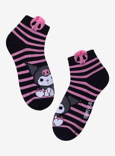 Keep your outfit devilishly cute with Kuromi! These Sanrio ankle socks feature pink & black stripes with her signature skull on the outside  plus Kuromi at the bottom.