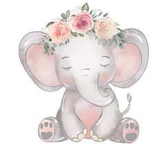 an elephant with flowers on it's head sitting next to a pink rose wreath