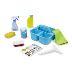 a play set with cleaning supplies on a white background