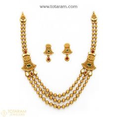 22K Gold Antique Necklace & Drop Earrings Set With Fancy Stones - 235-GS3035 - Buy this Latest Indian Gold Jewelry Design in 46.500 Grams for a low price of  $2,649.00 Vintage Yellow Gold Jewelry For Festive Occasions, Vintage Jewelry For Celebration With Jewels, Vintage Yellow Gold Necklace With Polished Beads, Vintage Yellow Gold Necklaces With Polished Beads, Vintage Gold Jewelry With Polished Beads, Vintage Yellow Gold Polished Bead Necklace, Vintage Bridal Necklace For Celebration, Vintage Necklace With 17 Jewels For Celebration, Vintage Polished Beads Jewelry For Wedding