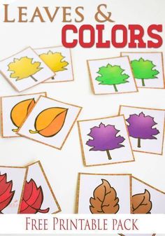 the leaves and colors printable pack is shown on a white surface with text overlay