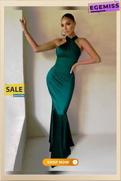 Sexy Solid Slim Sleeveless Backless Dress for Ladies Fashion Green Halter Neck Sleeveless Evening Dress, Green Sleeveless Halter Dress For Prom, Stretch Halter Neck Sleeveless Dress For Party Season, Green Backless Maxi Dress For Club, Green Halter Dress For Party, Green Halter Dress For Summer Prom, Fitted Sleeveless Halter Dress For Prom, Backless Sleeveless Dress For Prom, Backless Sleeveless Dress For Prom Season