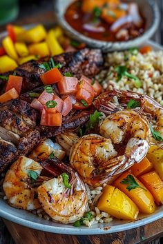 a plate with shrimp, carrots, and rice next to other food on a wooden table