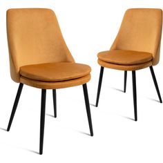 two orange chairs sitting next to each other on top of a white surface with black legs