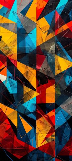 an abstract painting made up of many different colored shapes and sizes, including black, red, yellow, blue, and orange