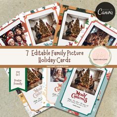 four christmas cards with the words 7 editable family picture holiday cards on top of them