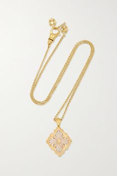 Buccellati's 'Opera' motif is both a house symbol and tribute to its Italian heritage, recalling patterns commonly found in Renaissance artwork and classical architecture. Cast from 18-karat gold, this pendant is carved by hand using the label's 'Tulle' technique. Luxury Filigree Medallion Necklace, Luxury Filigree Medallion Necklaces, Exquisite White Filigree Necklaces, Exquisite White Filigree Necklace, Luxury 22k White Gold Necklaces, Luxury Medallion Jewelry With Filigree, Luxury Filigree Medallion Jewelry, Luxury Medallion Necklace With Intricate Design, Luxury Necklaces With Intricate Medallion Design