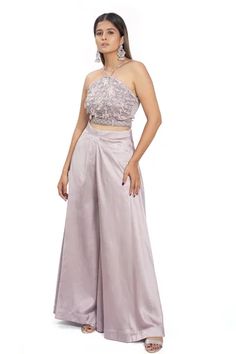 Shop for Vana Ethnics Purple Satin Pearl Embellished Bustier And Palazzo Set for Women Online at Aza Fashions Elegant Embellished Summer Lehenga, Elegant Embellished Lehenga For Summer, Elegant Sleeveless Satin Sets, Satin Evening Lehenga, Elegant Embellished Sets With Fitted Bodice, Elegant Summer Evening Lehenga, Sleeveless Lehenga With Pearl Embroidery, Pearl Embroidered Evening Sets, Elegant Sleeveless Crop Top For Wedding