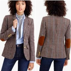 Beautiful Houndstooth Blazer With Corduroy Elbow Patches And Brass Buttons. The Houndstooth Pattern Has Shades Of Brown, Tan, And Blue. -Two-Button Closure -Notch Collar With Felt Undercollar -Four Functional Cuff Buttons -100% Wool Exterior -Fully Lined -Tailored Fit New With Tags. Perfect Condition. This Has A More Slimming Fit Than The Schoolboy And Campbell Blazers, In My Opinion. Please Understand That Poshmark Takes 20% Of My Earnings And My Price Reflects This Fee. *Top Rated Seller *Smok Plaid Jacket Outfit, Plaid Blazer Outfit, Color Combinations For Clothes, Brass Buttons, Houndstooth Jacket, Black Houndstooth, Houndstooth Blazer, Jcrew Women