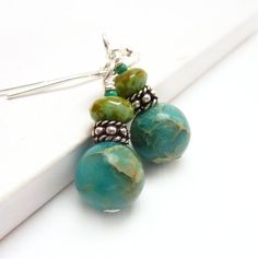 Turquoise Silver Earrings Beaded Earrings by RockStoneTreasures Handmade Southwestern Green Earrings, Southwestern Green Dangle Earrings, Bohemian Gemstone Beads Earrings, Turquoise Gemstone Beads Earrings As Gift, Earthy Turquoise Dangle Jewelry, Artisan Turquoise Beaded Earrings With Ear Wire, Artisan Turquoise Earrings With Natural Stones, Turquoise Southwestern Earrings With Natural Stones, Southwestern Turquoise Earrings With Natural Stones