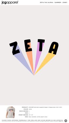 an advertisement for the japanese company zeta, featuring colorful letters and shapes in different colors