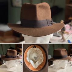 LEGENDARY INDIANA JONES FEDORA IN THE RAIDERS, TEMPLE, CRUSADE, SKULL, DESTINY STYLE WOOL FUR FELT BESPOKE FEDORA HAT This fedora has been custom crafted and made-to-order to the IndyGear website specs and has a great, sturdy feel for cosplay, Halloween, convention-caliber, or everyday adventure wear. Great care is taken to match the film style desired fedora. Perfect fit for any weekend warrior archeologist looking for adventure with a screen-accurate bespoke look. Sizing: This fedora comes with a leather sweatband that can be custom made to a required size. Stretching is available as well upon request. Interior: Fedora comes with an off-white headliner and leather sweatband that can be installed or included for free if you choose to custom install yourself. Great for anyone's collection. Fedora Hat Pins, Custom Wide Brim Fedora For Formal Occasions, Formal Wide Brim Fedora, Vintage Brown Fedora With High Crown, Vintage High Crown Brown Fedora, Brown Western Top Hat For Formal Occasions, Brown Western Style Top Hat For Formal Occasions, Custom Fitted Brown Top Hat, Brown Short Brim Hat For Wedding