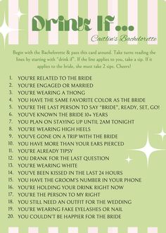 a green and white wedding checklist with the words drink if written in black on it