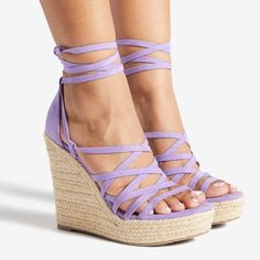 Brand New! Sheer Lilac A Platform Wedge Sandal With Tie Closure. Material: Faux-Leather Features: Sd Dream Sole - Double The Padding For Comfort, Support, And Ease Of Movement Platform Height: 1.5" Outside Heel Height: 5" Closure: Ankle Ties Wedge Tennis Shoes, Blue Wedge Heels, Purple Wedges, Shoedazzle Shoes, Pink Wedges, Platform Shoes Heels, Platform Wedges Shoes, Shoes Heels Classy, Fun Heels