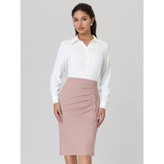 PRODUCT DETAILS: STYLE - Keep your look professional and stylish in this bodycon skirt from INSPIRE CHIC, featuring a high waist, pleated front, and button decor. OUTFIT - Pair with solid shirts and high heels for a chic office look. OCCASION - Focused on Ladies' Semi-Formal Wear - This skirt can be a perfect addition to almost any outfit from formal to daily wear, great for work, meetings, office, businesses, work, parties, cocktails, weddings, casual, daily dressing, etc. Fitted Professional Bottoms For Office Wear, Fitted Mini Pencil Skirt For Business Casual, Office Lady Knee-length Bottoms, Fitted Pencil Skirt For Office Wear, Tailored Skirt For Office Wear, Office Lady Mini Skirt For Formal Occasions, Tailored Skirt For Office, Tailored Office Lady Skirt, Professional Knee-length Office Bottoms