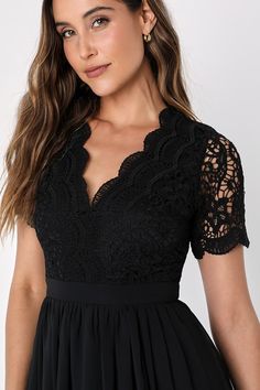 A classic fit-and-flare style (with upgraded crochet lace detailing) is the ultimate update to the LBD we never knew we neededâ€”until now! A romantic scalloped V-neckline and sheer short sleeves sit atop a flattering high waist. Floaty woven chiffon makes up the twirl-ready mini skirt. Hidden back zipper/clasp. Fit: This garment fits true to size. Length: Mid-thigh. Size medium measures 35.5" from top to bottom. Bust: Works best for A to C cup sizes - consider sizing up for fuller bust. Waist: Angel In Disguise, Black Lace Bodycon Dress, Rose Gold Sequin Dress, White Skater Dresses, Lace Back Dresses, Mock Neck Sweater Dress, Deep V Dress, Gold Sequin Dress, Sequin Bodycon Dress