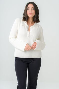 - Polo sweater with button placket on the front- Galalith buttons made in France- The model is 170 cm tall and wears a size M- If you are between sizes, take the next size downColor: Off-White. Also available in Dark Green.Composition: 100% merino wool certified OEKO-TEX® 100.Manufacturing: knitted and made in Roanne (FR).This sweater is made from a natural material that is both comfortable and breathable for the skin. It is carefully made in France by artisans with unique know-how, who share ou Chic Knit Polo Sweater With Ribbed Cuffs, Cozy Collared Top For Workwear, Classic Fall Henley With Button Cuffs, White Polo Sweater With Ribbed Cuffs For Work, Classic Fall Henley For Work, Classic Fall Henley For Workwear, Fall Henley Shirt With Button Closure For Workwear, White Collared Knit Cardigan, Chic Button-up Top With Ribbed Collar