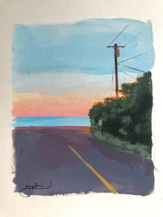 a painting of an empty road with power lines in the distance and trees on either side