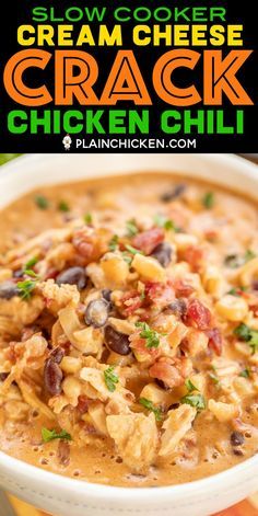 Slow Cooker Cream Cheese Crack Chicken Chili - this stuff is AMAZING! We've made it 3 times this month! We can't get enough of it!!! Chicken, corn, black beans, chicken broth, diced tomatoes and green chiles, cumin, chili powder, onion, ranch seasoning, bacon and cheddar cheese. We served the chili with some cornbread and Fritos. PERFECT! This is already on the menu again this weekend! YUM! #crockpot #slowcooker #chicken #chili Chicken Corn, Green Chiles, Chicken Chili Recipe, Crockpot Dishes, Diced Tomatoes, Ranch Seasoning, Crock Pot Cooking, Chicken Chili