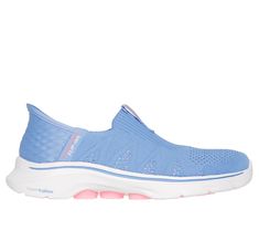 Walk in easy-wearing comfort with Skechers Hands Free Slip-ins GO WALK 7 - City Lights. Designed with our exclusive Heel Pillow , this hands-free walking slip-on features a multicolored Stretch Fit engineered knit upper with a Skechers Air-Cooled Memory Foam insole, lightweight ULTRA GO cushioning, and high-rebound Hyper Pillars for added support. | Skechers Women's Slip-ins: GO WALK 7 - City Lights Slip-On Shoes | Medium Width | Skechers Hands Free Slip-ins for an easy fit | Exclusive Heel Pill Shoe Technology, Lit Shoes, Wide Shoes, Skechers Women, 2 Inch Heels, Skechers Shoes, City Lights, Pink Fashion, Hands Free