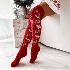 Over The Knee Knitted Christmas Nordic Print White Socks Are In Another Listing Tricotin Long, Hippie Fashion, Knit Stockings, Winter Chic, Over The Knee Socks, Legging Outfits, Thigh High Socks, Easy Knitting Patterns, Mini Robes