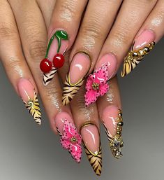 Gel Nails Shape, Nail Inspired, Beige Nails Design, Cherry Nail Art, Cherry Flowers, Animal Print Nails Art, Cheetah Nails, Punk Nails, Duck Nails