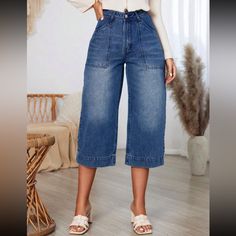 Super Cute And Stylish Ships In 5-10 Business Days Denim Blue Knee-length Bottoms For Spring, Chic Non-stretch Dark Wash Cropped Jeans, Fall Cropped Leg Jeans For Day Out, Knee-length Jeans For Spring, Spring Cropped Leg Denim Blue Jeans, Spring Denim Blue Cropped Jeans, Spring Cropped Jeans In Denim Blue, Denim Blue Cropped Jeans For Spring, Trendy Summer Cropped Jeans In Dark Wash