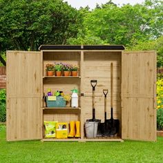 a wooden storage shed with gardening tools in it