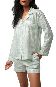 These organic-cotton sateen jammies will have you dreaming sweetly in easy comfort. 27" Regular top length; 3 1/2" inseam; 28 1/2" Plus top length; 3 1/2" inseam Top has notched collar; long sleeves 100% organic cotton Machine wash, tumble dry Imported Spring Sleepwear With Relaxed Fit, Spring Sleepwear With Relaxed Fit For Bedtime, Relaxed Fit Sleepwear For Spring Bedtime, Relaxed Fit Spring Sleepwear For Bedtime, Green Cotton Sleepwear For Bedtime, Green Cotton Spring Sleepwear, Green Cotton Sleepwear For Spring, Green Relaxed Fit Cotton Pajama Shorts, Spring Relaxed Fit Pajama Shorts For Home