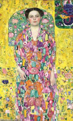 a painting of a woman in a colorful dress with flowers on her head and hands behind her back