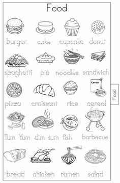 food worksheet with pictures and words to help students learn how to read the food