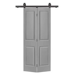 an open door with two doors on each side and the bottom panel painted gray, in front of a white background