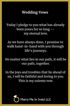 a poem written in black and gold with the words wedding vows on it's side