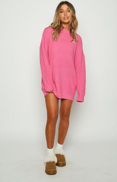 Cozy Long Sleeve Ribbed Dress, Comfy Ribbed Winter Sweater, Oversized Sweater For Spring Loungewear, Oversized Cozy Sweater For Spring, Cozy Oversized Spring Sweater, Winter Sweater Dress With Ribbed Cuffs, Casual Winter Sweater Dress With Ribbed Cuffs, Fall Chunky Knit Crew Neck Sweater Dress, Pink Ribbed Long Sleeve Sweater Dress