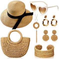 PRICES MAY VARY. Rattan Essential Set for Women: discover the charm of quality materials in our comprehensive rattan set for women, including 1 straw bag, 1 sun straw beach hat, 1 pair of summer sunglasses, 1 rattan bracelet, 1 long necklace and 2 pairs of rattan earrings; Exquisitely handcrafted, each item in the set exudes a bohemian vibe Summer Bohemian Style for Women: unleash your inner hippie with our beach bag and hat set for women; The khaki hat, light coffee colored bag and beige sungla Beach Bag Outfit, Rattan Jewelry, Caribbean Vacation Outfit, Beach Outfits Women Vacation, Vacation Sunglasses, Rattan Earrings, Straw Beach Hat, Caribbean Fashion, Resort Accessories